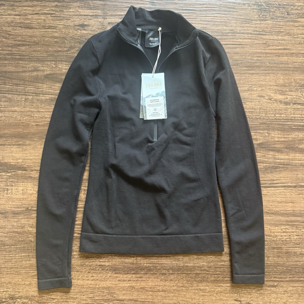 NWT Zara Ski Collection Merino Wool Blend Base Layer Top Black Small Quarter Zip